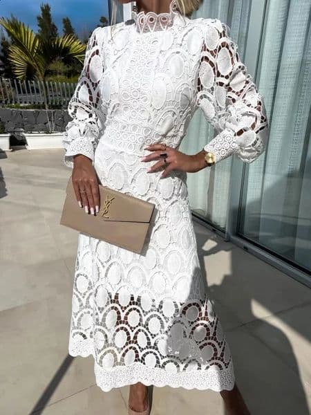 2024 Dresses for Women Party Puff Sleeve Long White Dress Lace High Waist Spring Elegant Y2k Evening Dress Formal Vestidos 240920