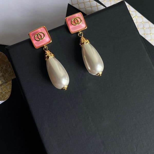 Long Style Designer Ear Stud Earrings Pearl Real Gold Brass Copper Stamp Letter Pink Earring Eardrop Fashion Womens Elegance Wedding Party Jewelry Accessories