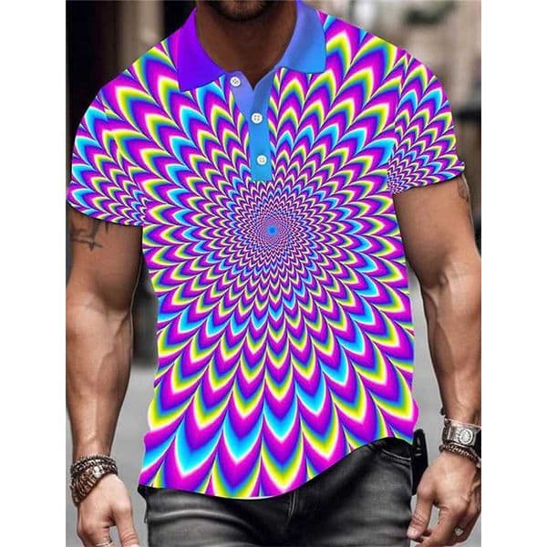 Mens Lapel Polo Shirt Full Print Optical Illusion Graphic Button Up Golf Shirt For Men Short Sleeves Plus Size Turndown TshirtX240920