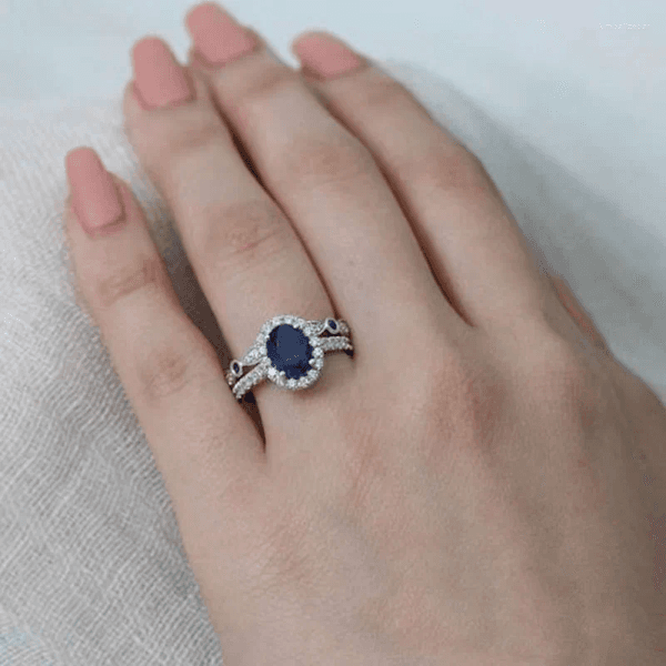 Wedding Rings Jewelry Egg Shaped Sapphire Set With White Diamond Women's Ring Simple And Creative Style