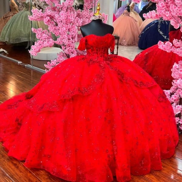 Quinceanera Red Dresses Off The Shoulder Lace Applique Beading Tiered Back Corset Sweet Dress Mexican Vestidos De Anos