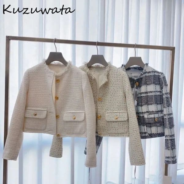 Kuzuwata Sweet O Neck Long Sleeve Elegant Coat Single Breasted Pocket All-Match Jacket Japan New Tweed Small Fragrance Outwears