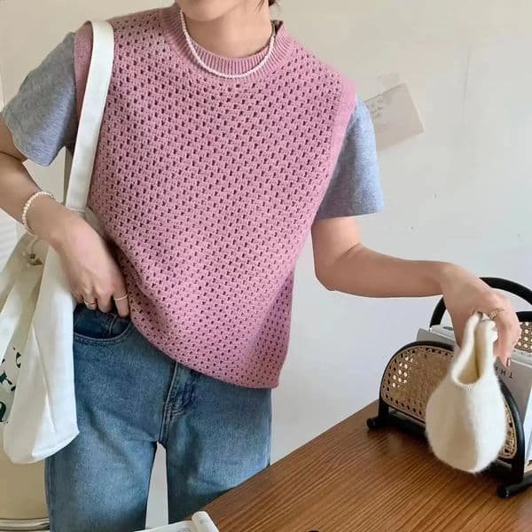 White Knit Tops for Woman Mesh Pink Womens Sweater Vest Round O Neck Autumn Winter 2024 Warm Y2k Vintage er Knitwear 240919