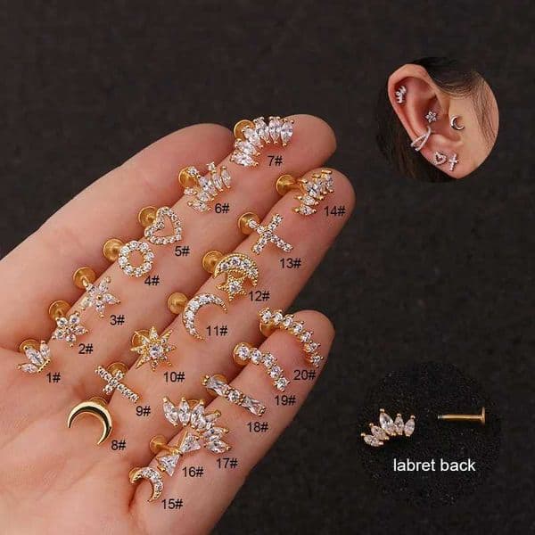 Tooth Decor 1Pc 16G New Cross Heart Flower Crown Tragus Helix Stainless Steel bottom grillz Labret Lip Bar Rings Stud Cartilage Ear Piercing Body Jewelry Heart