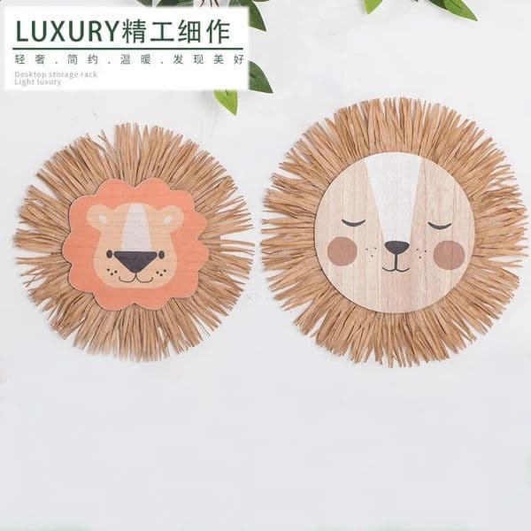 Nordic Kindergarten Decoration Childrens Room Cartoon Lion and Tiger Head Pendant Colorful Handmade Weaving Wall Mounted Home 240919