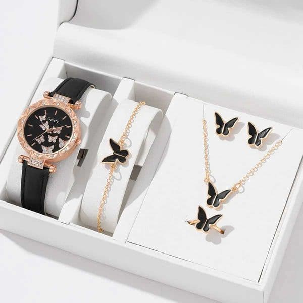 6/1pcs Set Women Watch Ring Necklace Earrings Bracelet Set Watches Butterfly Leather Strap Ladies Quartz WristWatch (No Box)X240923