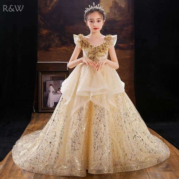 R&W Ball Gown Toddler Girls Pageant Dresses Lace Appliqued Long tail wer Girl Dress Crystals Tulle First holy Communion Gowns 2021