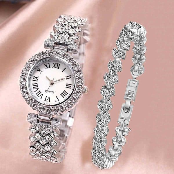 2pcs Luxury Women Rhinestone Rose Gold Watch Fashion Ladies Quartz Diamond Wristwatch Elegant Female Bracelet Watches Set GiftX240923