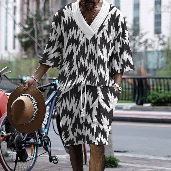 TH09 high Quality Knit Mens Set Summer Vneck Halfsleeve Tshirt And Shorts Twopiece Casual Striped 3D Clothing 240910