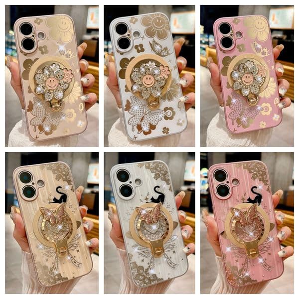 Luxury Diamond 3D Butterfly Flower Magnetic For Magsafe Wireless Ring Stand Bling Glitter Cat Shockproof Case For iPhone 16 15 14 13 Pro Max Samsung S23 S22 S24 Ultra