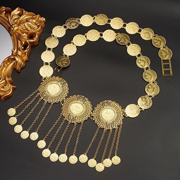 Kurdish Trendy Women Long Chain Jewelry Belt Gold Plated Tassel Belly Chain Ethnic Bridal Waist Belt Middle East Bijoux Marriage 240920