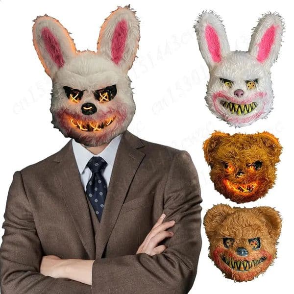 Luminous Animal Mask Halloween Horror Bloody Rabbit Bear Decorative Prop Neutral Simulated Fur Role Playing Costume Party Decoration 240923