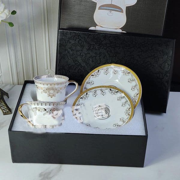 Designer Gold Cup Set 2 Cups 2 Plates Gift Box European Teacup Cup Plate Couple Cup Small Slant Mouth Double Cup