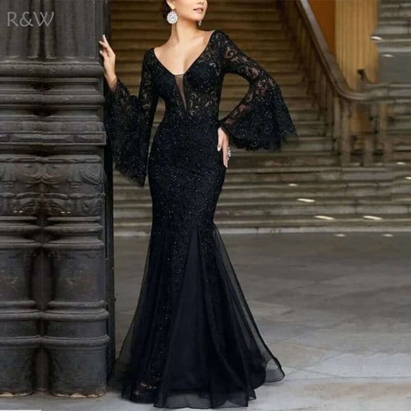 R&W 2021 black Sequins Mermaid Prom Spaghetti Straps Ruffles Skirt Long Formal Party Dresses Backless Evening Pageant Gowns Cheap