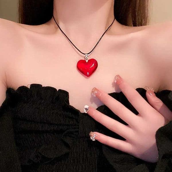 Red Heart Pendant Necklace For Women Girls Glass Crystal Necklace Black Leather Rope Chain Necklaces Y2k Jewelry Friends GiftX240924