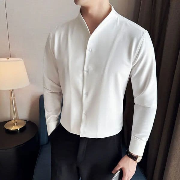 Men V-neck Shirt 2024 Spring British Style Anti-wrinkle Soft Solid Casual Elastic Slim Fit Long Sleeved Shirt Men Clothing 240924