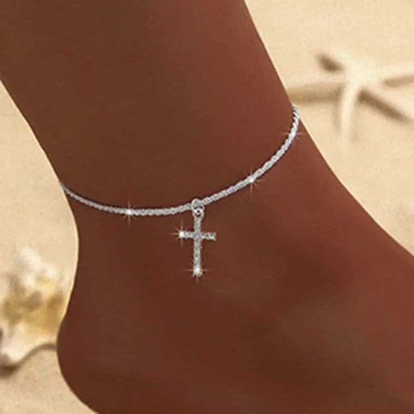 Sparkling thin chain bracelet suitable for women zircon heart-shaped cross pendant double layered bracelet on legs fashionable summer beach jewelry W240926