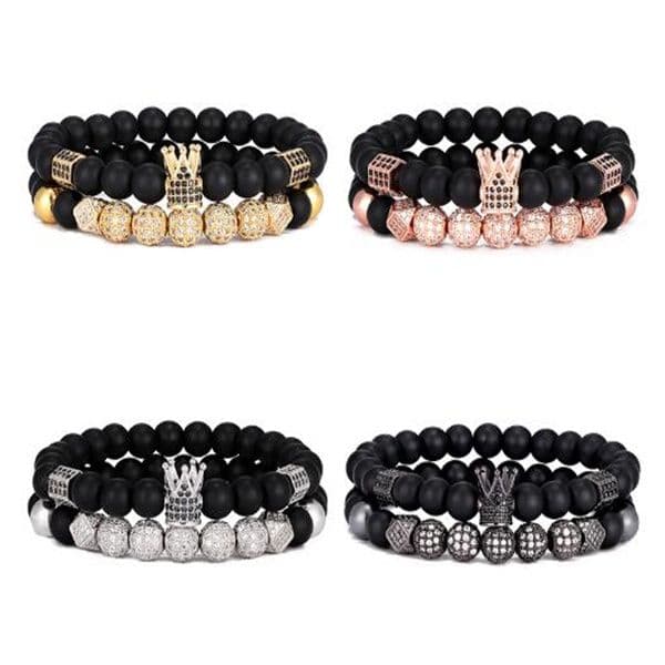 2pcs/set Uxury Fashion Crown Charm Bracelet Natural Stone For Women And Mens Pulseras Masculina jewelry Gift, holiday, valentine's day