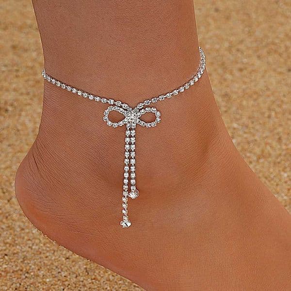 Sparkling Charm Silver Crystal Rhinestone Bowling Knot Tennis Ankle Female Sparkling Bowling Pendant Ankle Bracelet Foot Jewelry W240926