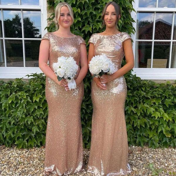 Sequined Dresses Gold Bridesmaid Low Cowl Back Sheath Mermaid Cap Sleeve Evening Prom Gowns Backless Wedding Guest Party Dress Cps344 less