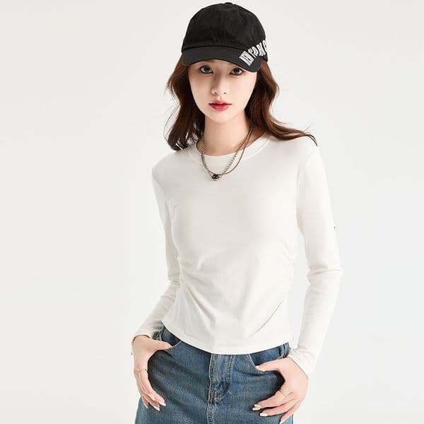 2026 new design pleated waist cinching spicy girl long sleeved top women s autumn and winter round neck shoulder base T shirt