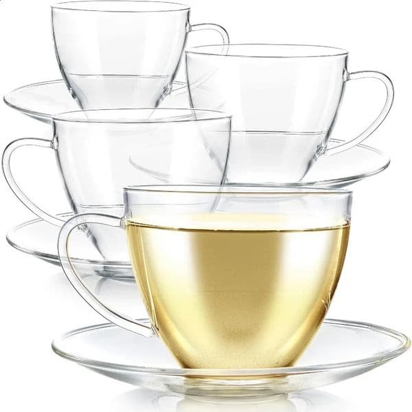 Royal Tea Cup and Sauce Set 4 Pack Large Size 12 oz350ml Capacity Crystal Transparent Classic n Glass 240923