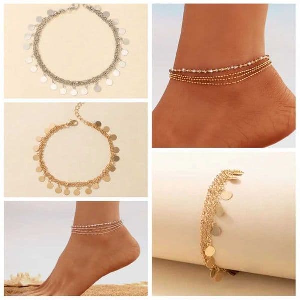 Multi layer gold-plated rhinestone ankle bracelet with alloy beads Bohemian summer ankle chain sequins electroplated barefoot sandals W240926