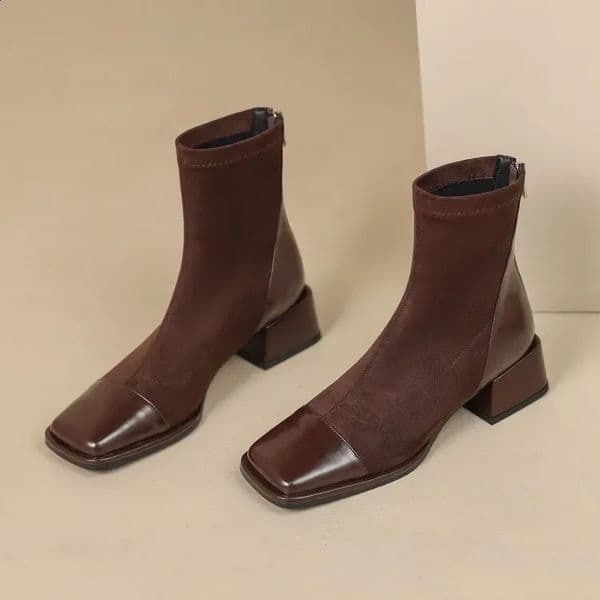 Womens fashionable square toe thick high-heeled short boots autumn and winter compact elastic slim high-heeled shoes Zapatos De Mujer 240926