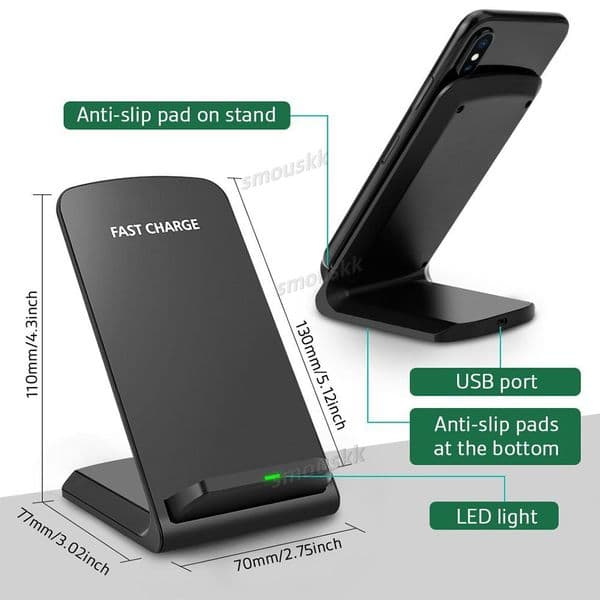 10W Wireless Charger Quick Charge 3.0 Fast Charging for iPhone 14 10 X XR Samsung S10 S7 S8 S9 2-Coils Stand 5V/2A 9V/1.67A