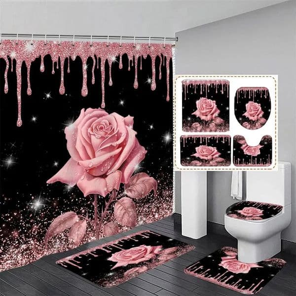 Pink Glitter Rose Shower Curtain and Rug Bathroom Set Floral Pink Glitter Shower Curtains Bath Mat Bathroom Decor with Hooks 240924
