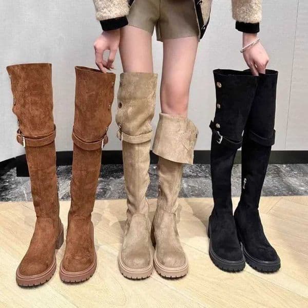 Knee above denim boots for womens designers winter platform shoes fashionable fur suede wedge thick boots motorcycle shoes 2024 CL240927
