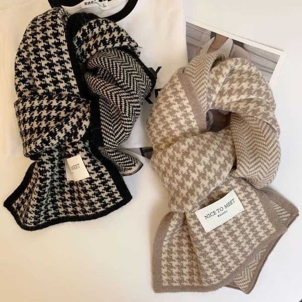 Scarf for women in winter Korean version deer plush double-sided warm trend college style knitted scarf with a thousand bird grid versatile scarfX240927