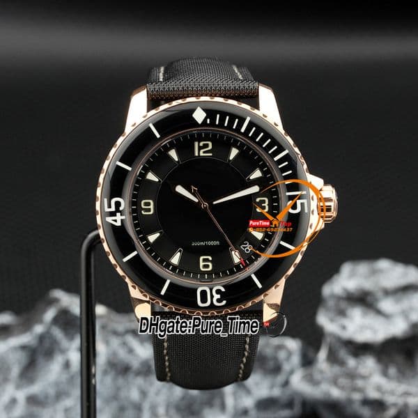 New Fifty Fathoms 50 Fathoms 5015-3630-52A A8215 Automatic Mens Watch Black Dial Rose Gold Case Ceramic Bezel Nylon Leather Strap Gents Watches Pure_Time Z01a