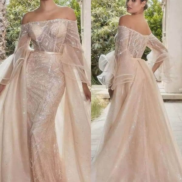 Designer Mermaid Dresses Off Shoulder Long Sleeves Wedding Dress Sequins Detachable Train Bridal Gown Custom Made