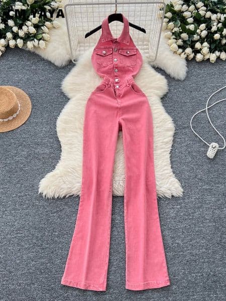 CM.YAYA Women Denim Jumpsuits Sleeveless Pocket Cargo Single Breasted Wide Leg Rompers Fashion Summer Outfits Slim 240920
