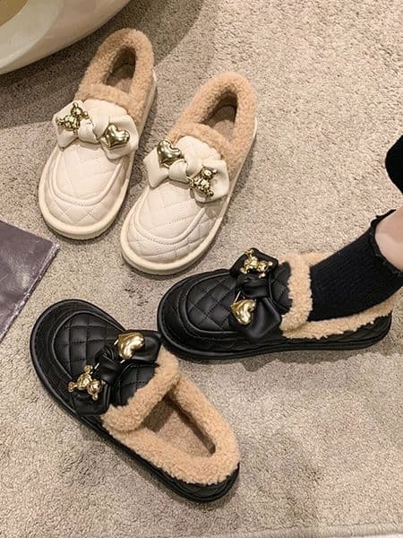 Loafers fur casual womens shoes slide on all matching round toe shallow mouth for winter comfortable Moccasin slide on rubber B 240926