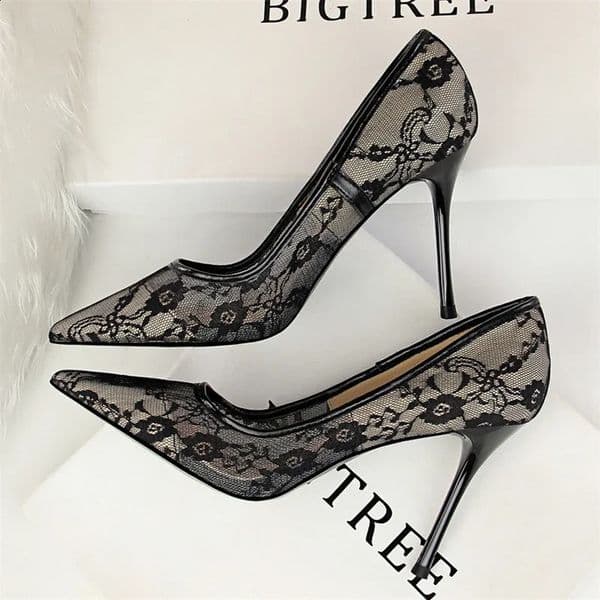 Black Womens Pump Sandals Sexy Party Mouth Mesh Hollow Lace Sngle Fashion Nightclub Stripping Shoes 240926