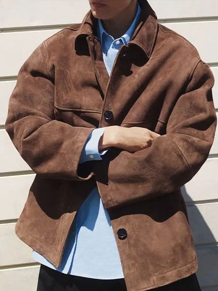 Vintage Brown Single Breasted Suede Jacket Women Elegant Lapel Long Sleeves Pocket Loose Coat Spring Autumn Chic Lady Outwear 240919