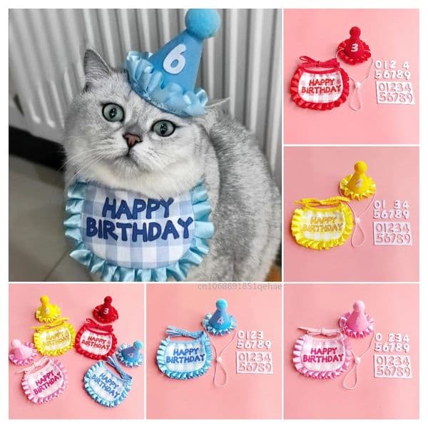 Cat Birthday Scarf Hat Set Dog Party Supplies Pet Cute Decoration Small and Medium sized Pets 240930