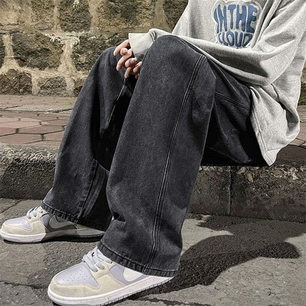 2023 Mens Jeans Korean Version Student Casual Pants High Street Straight Loose Wide Leg Black Grey Blue Baggy Trousers 240910Z