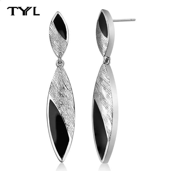 TYYL Womens Long Water Drop Earrings European Matte Pendant Earrings Party Punk 925 Silver Needle Black Shell Jewelry Gift 240926