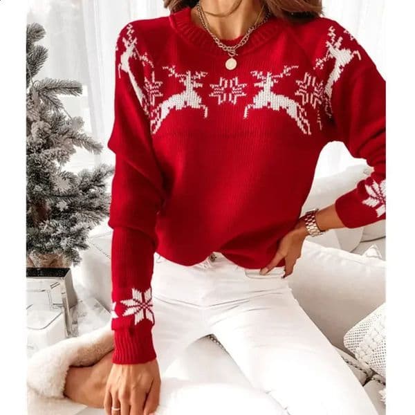 2024 Winter Women Christmas Knit Sweaters Elk Print Jacquard Knitwear Long Sleeve O Neck Pullover Top Soft Warm Y2K Clothes 240923