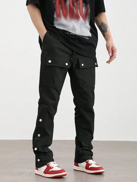 Men's Solid Pants With Multi Pockets, Comfy Casual Street Style Trousers For Men's Outdoor Activities, Men's