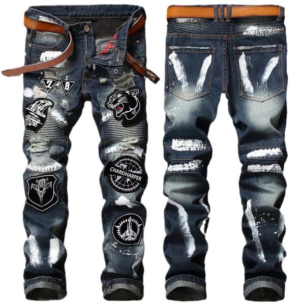 Chareiharper 0012 plus size embroidered torn jeans mens badge handpainted pants trend pleated splicing work motorcycle 240925