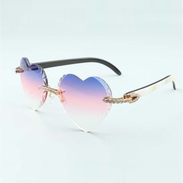 Direct sales new heart shaped cutting lens diamonds sunglasses 8300687 natural white &black hybrid buffalo horn temples size 58-18-140 mm