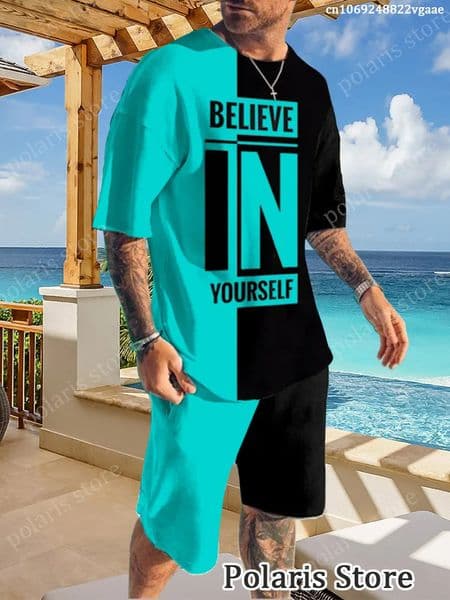 Summer Blue Tracksuit Set For Men Short Sleeve T Shirt Shorts 2 Piece Oversized Casual Trendy Sportwear Outfits Clothes 240106