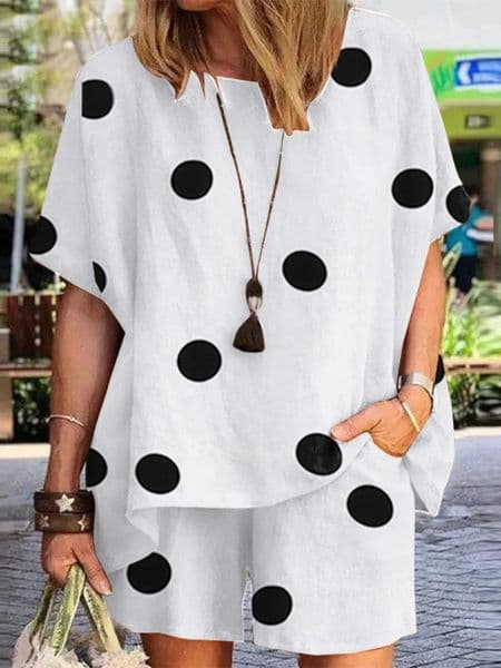 Summer Fashion Women's Set Polka Dot Print Round Neck Loose Short Sleeve T-shirt Shorts Elegant Women's Two Piece Set 240105
