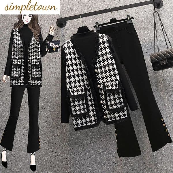 Plaid Splice Knitted Vest Sweater Long Sleeve T-shirt Bell-bottoms Three Piece Elegant Women's Pants Set Autumn Outfits 240105