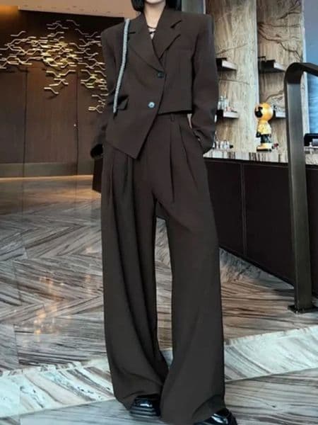 Blazer Suit Women Two Piece Sets Womens Outifits Autumn Irregularity Blazer Coat Wide Leg Pants Office Wear Korean Style Fashion 240106