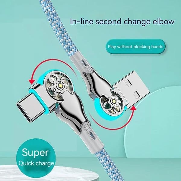 180° Double Rotating USB C Charger USB to Type-C Cable Fast Charging 90 Degree Right Angle with Light Zinc Alloy Braided Cord Data Cable 1m/2m